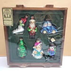 Thomas Pacconi Classics 2002 Glass Christmas Ornaments Set of 6 Wooden Crate